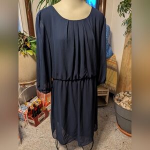 Vintage 90s AB Studion Navy Pleated Bodice Sheer Sleeves Elastic Waist Dress XL